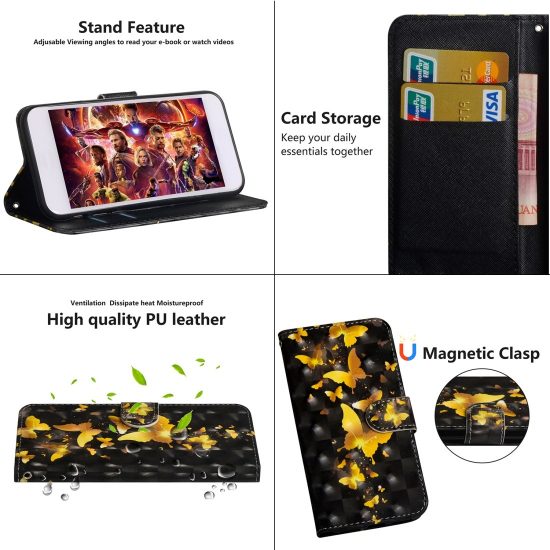 husa 3d flip cover iphone 11 pro gold negru design golden butterfly suport stand si portofel sloturi card 4