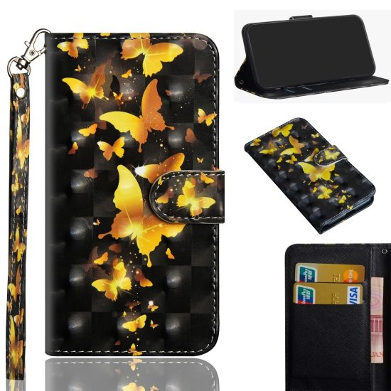 husa 3d flip cover iphone 11 pro gold negru design golden butterfly suport stand si portofel sloturi card 7