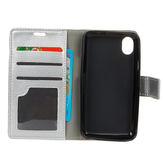 husa flip cover textura litchi iphone xs max argintie material piele cu sloturi de card si bani 2