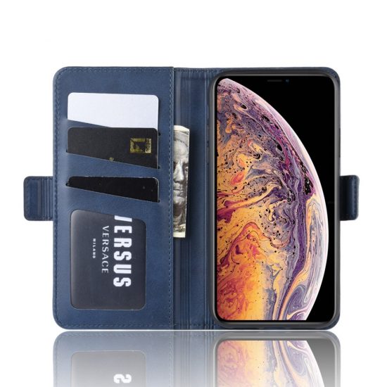 husa piele cu catarama iphone 11 pro max albastra model dual side sloturi card bani poze functie suport 2