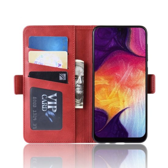 husa piele cu catarama samsung a50 rosie model dual side sloturi card bani poze functie suport 1