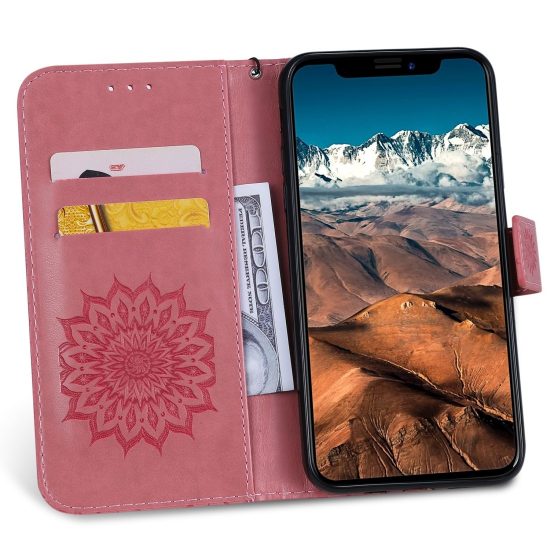 husa tip carte iphone 11 pro max roz design sunflower clema inchidere suport si sloturi 2