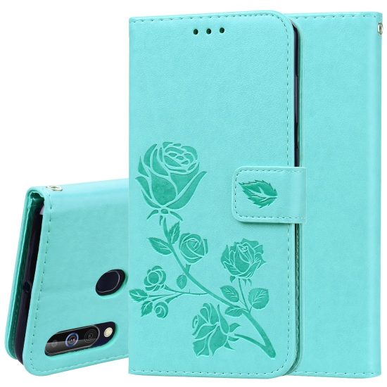 husa tip carte samsung a60 verde piele design trandafir embossed cu sloturi card si bani functie stand 1