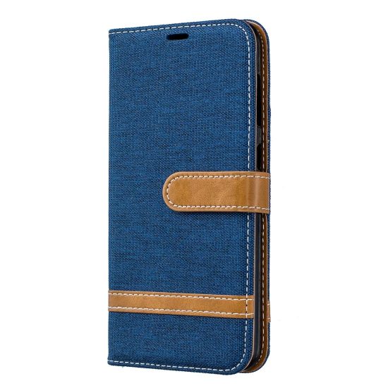 husa tip carte samsung m10 albastru royal piele design denim cu sloturi card si bani functie stand 4
