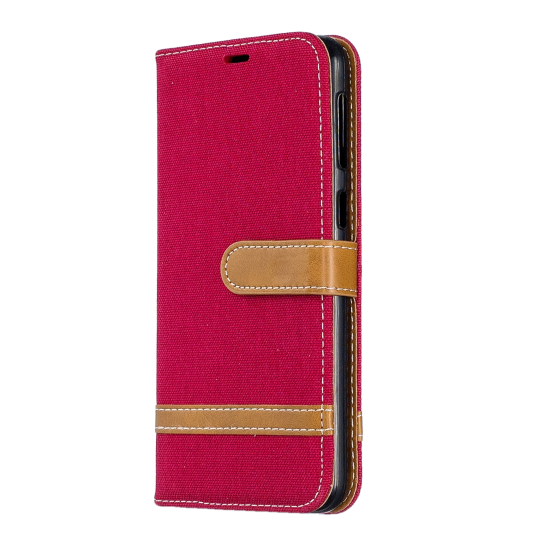 husa tip carte samsung m30 rosie piele design denim cu sloturi card si bani functie stand