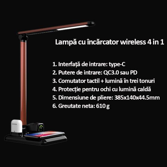Incarcator Lampa 4 in 1 Model X 1 Wireless charging compatibil Apple Watch Airpods Telefon