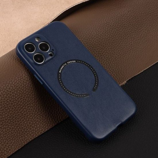 Husa Luxury Leather Magsafe din piele Apple iPhone Incarcare Wireless Bleumarin
