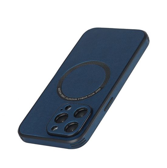 Husa Leather Effect cu Magsafe iPhone Incarcare Wireless Albastru Navy