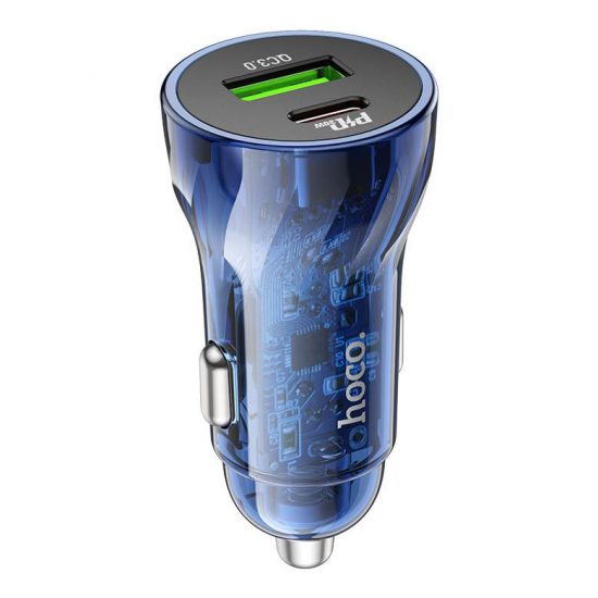Incarcator Auto Hoco Z47A Duo charge PD 30W Transparent albastru 1