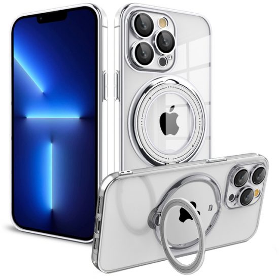Husa Ring Deluxe cu Inel de sustinere Magsafe Apple iPhone Silicon transparent Argintiu