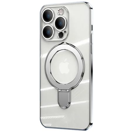 Husa Safe Ring, Magsafe, Inel Suport, Apple iPhone 14 Pro Max, Silicon transparent, Argintiu