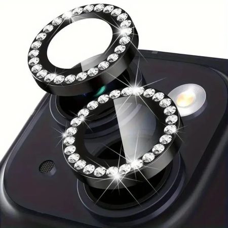 Folie camera cu Strasuri, Individuala, Apple iPhone 14/14 Plus, Sticlă, Negru