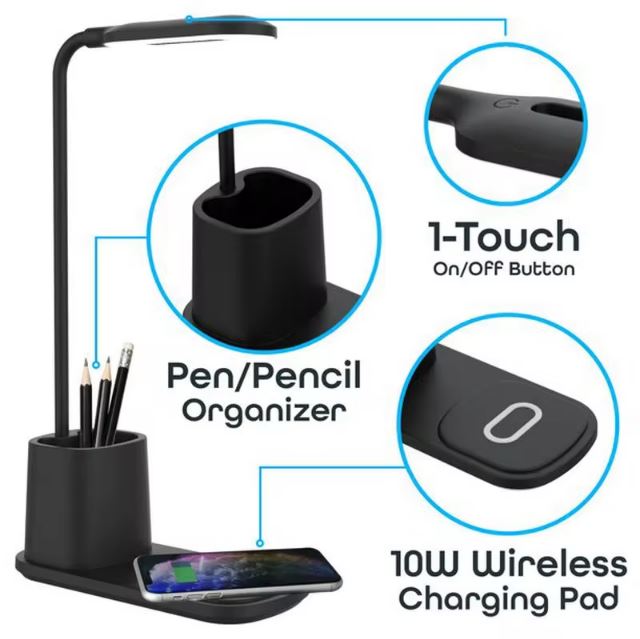 Lampa cu Incarcare Wireless 10W Suport pixuri Model G N15 Lumina 3 trepte Negru 4
