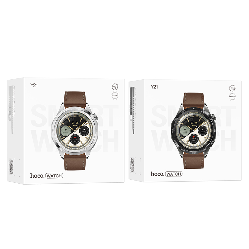 Ceas Hoco Y21 Baterie 250mAh Apeluri Bluetooth Ecran 1.83 inch Leather look Maro Argintiu 3