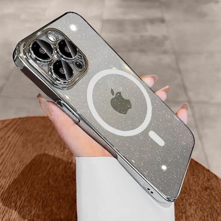 Husa Glow Armor MagSafe, Sclipici si Margini colorate, iPhone 15, Antisoc, Transparent, Argintiu